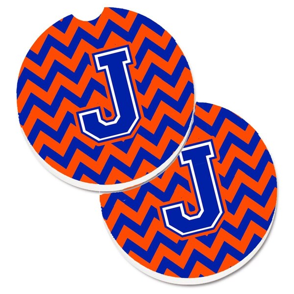 Carolines Treasures Letter J Chevron Orange and Blue Set of 2 Cup Holder Car Coaster CJ1044-JCARC - main